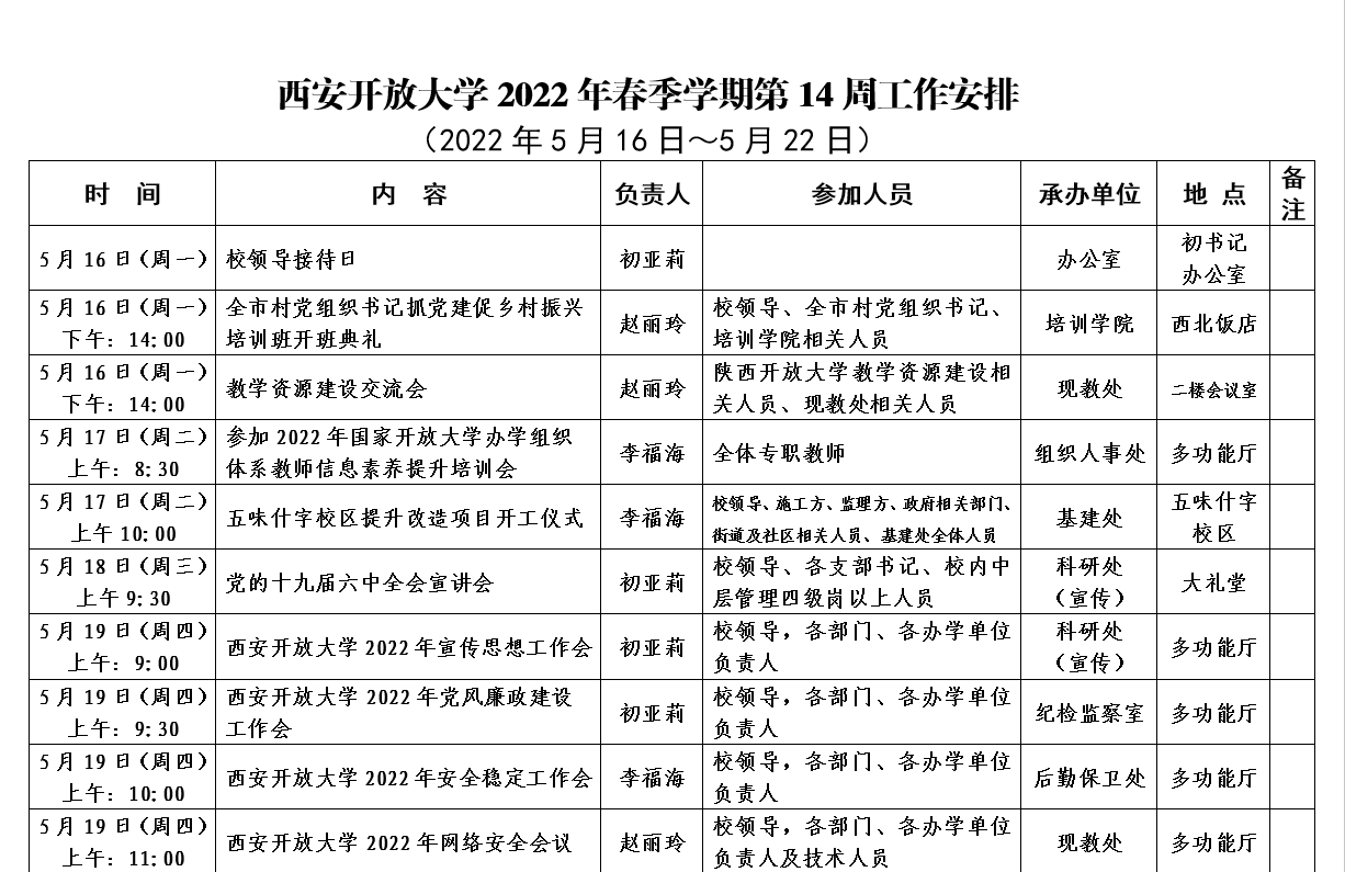 西安开放大学2022年春季学期第14周工作安排.png