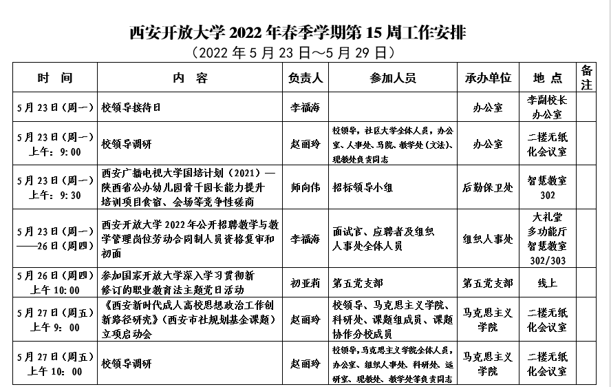 西安开放大学2022年春季学期第15周工作安排.png